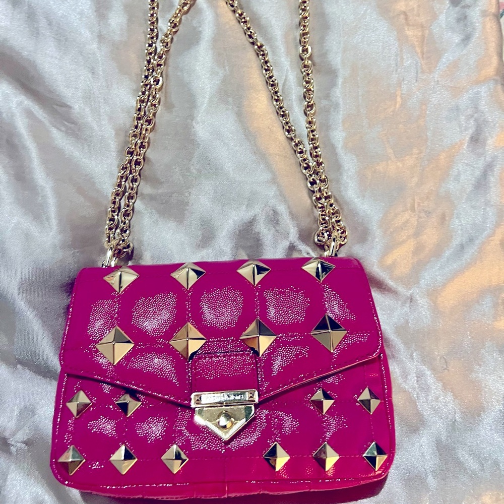 Hot pink Michael Kors SoHo Small Studded Quilted Patent Leather Shoulder Bag